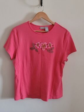 Field Gear Beaded Floral Embellished Cotton Tee, Women's XL, Warm Pink Coral